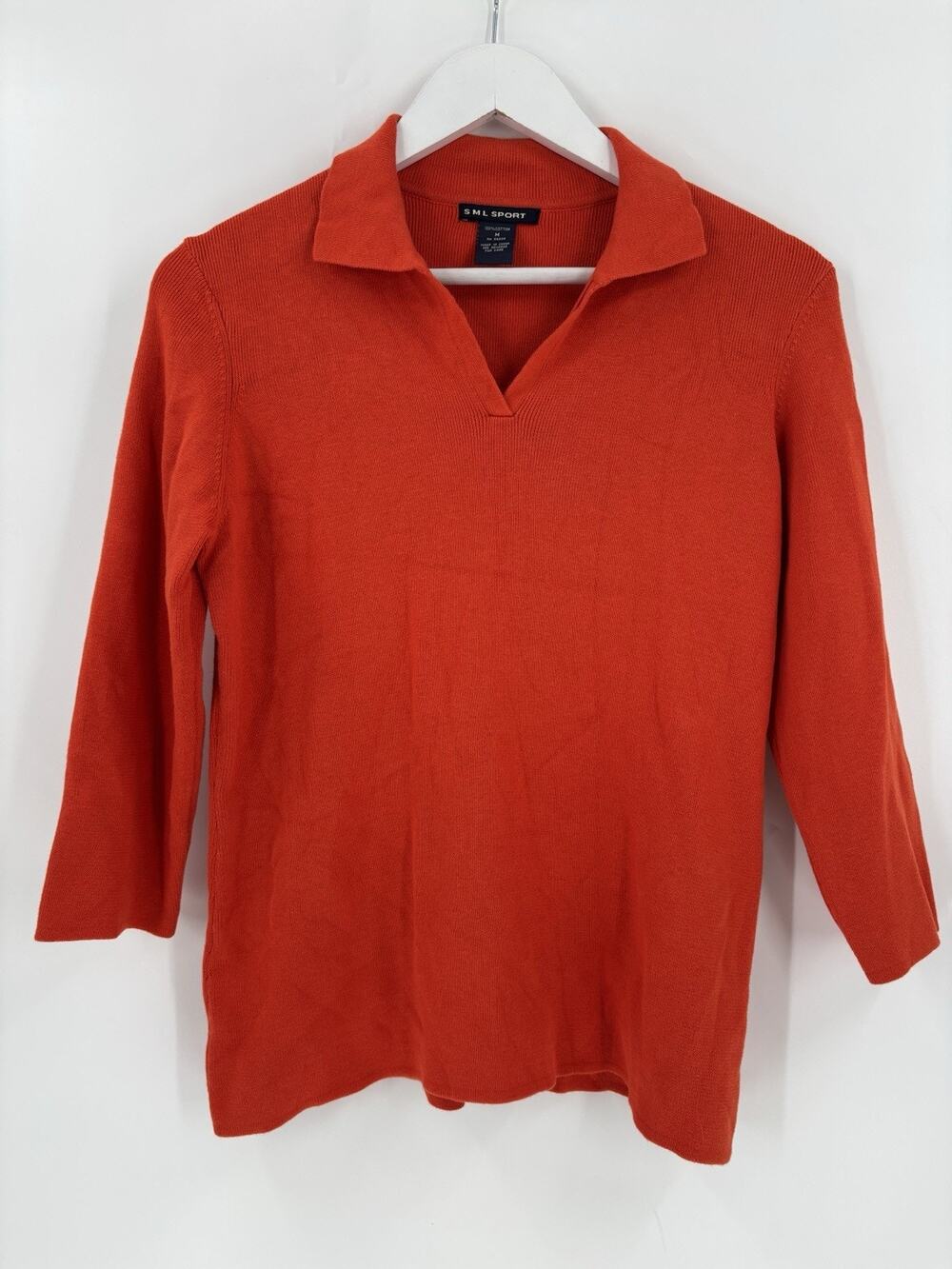 SML Sport Vintage Knit Top Womens Medium Orange Collared 3/4 Sleeve Pullover 90s